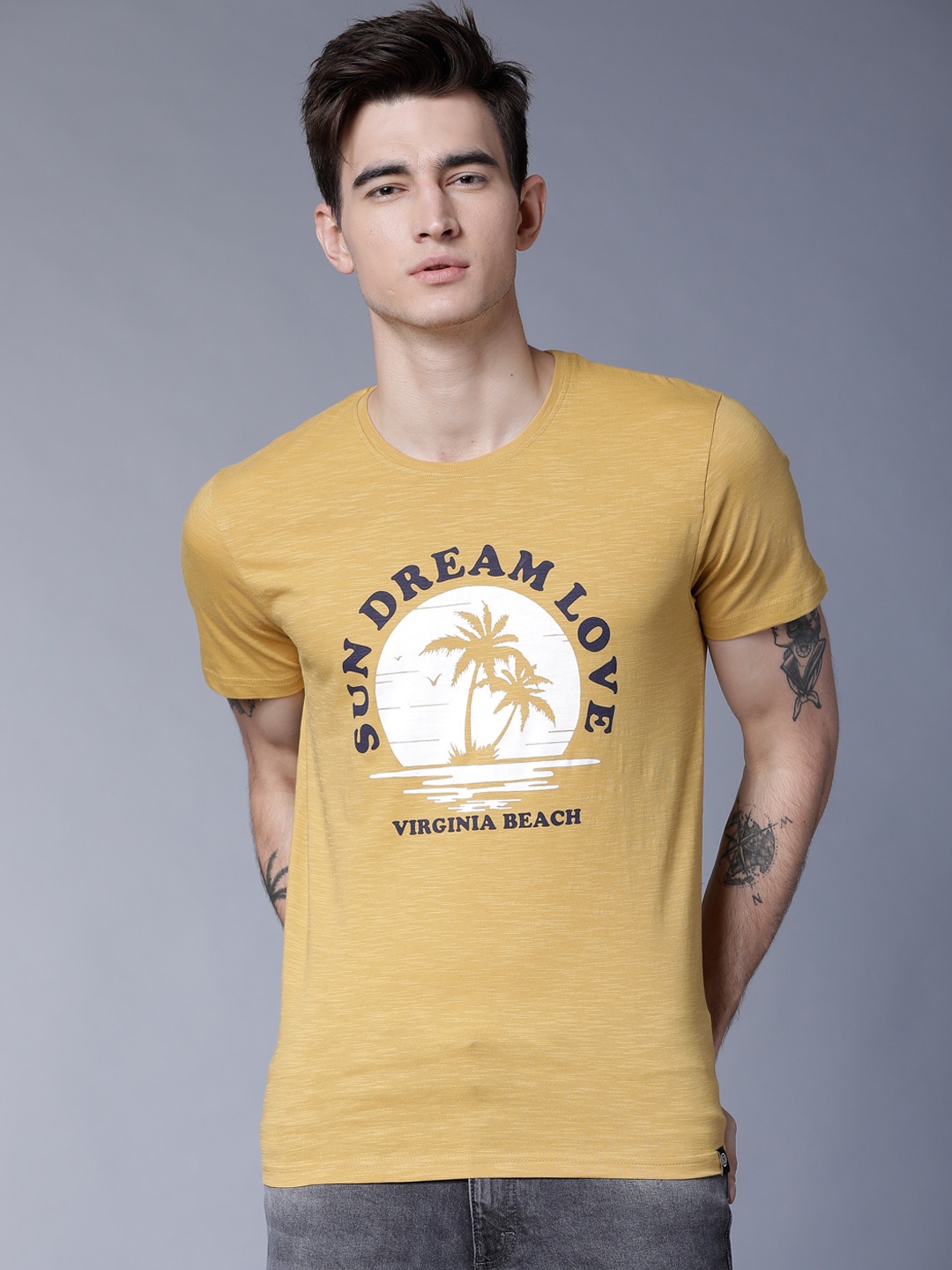 

LOCOMOTIVE Men Yellow Printed Round Neck T-shirt