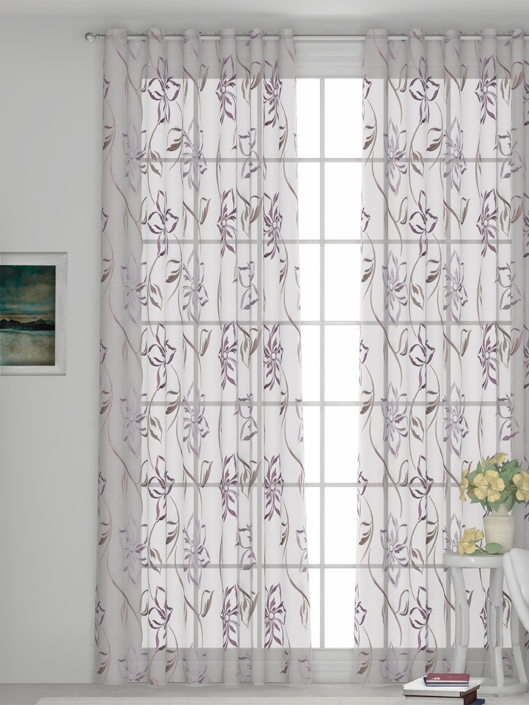 

GM Off-White & Purple Embroidered Sheer Door Curtain