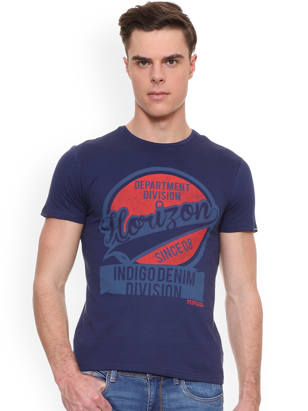 

People Men Navy Blue Printed Round Neck Pure Cotton T-shirt