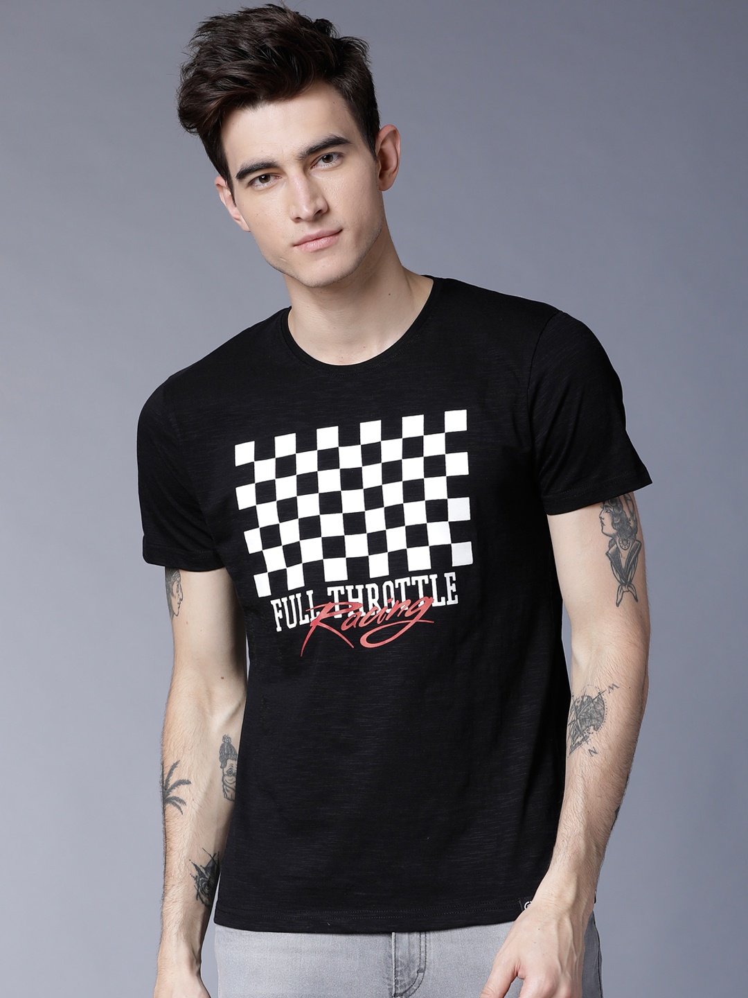 LOCOMOTIVE Men Black Printed Round Neck T-shirt
