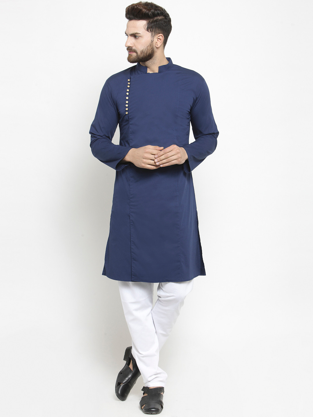 

Purple State Men Navy Blue Solid Straight Kurta
