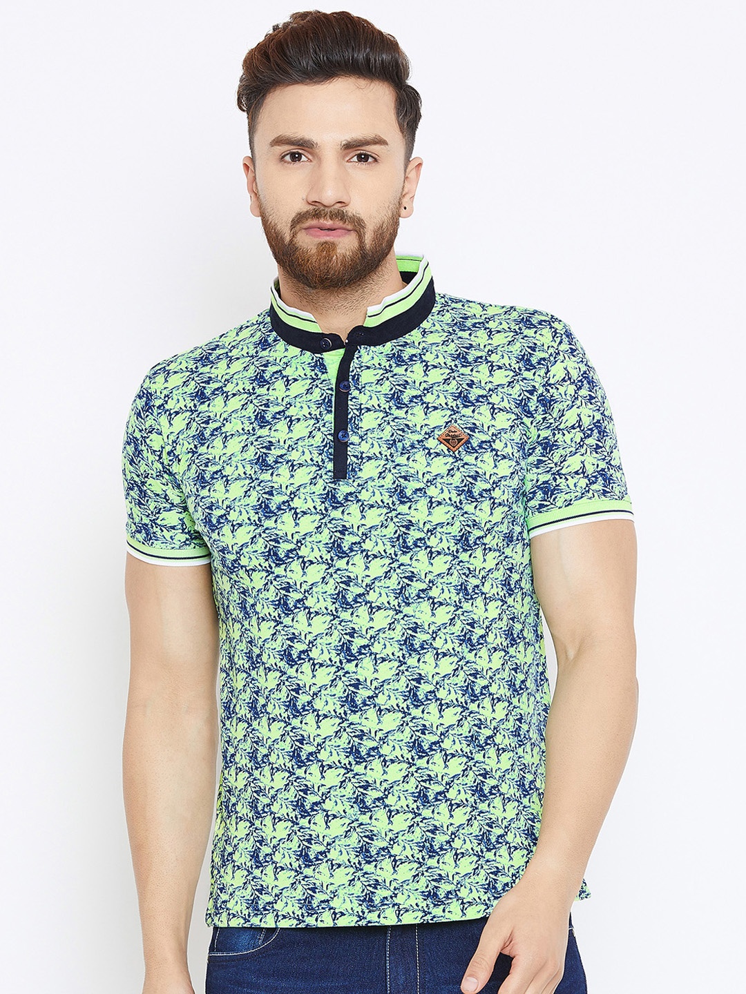 

Duke Men Green Printed Mandarin Collar T-shirt