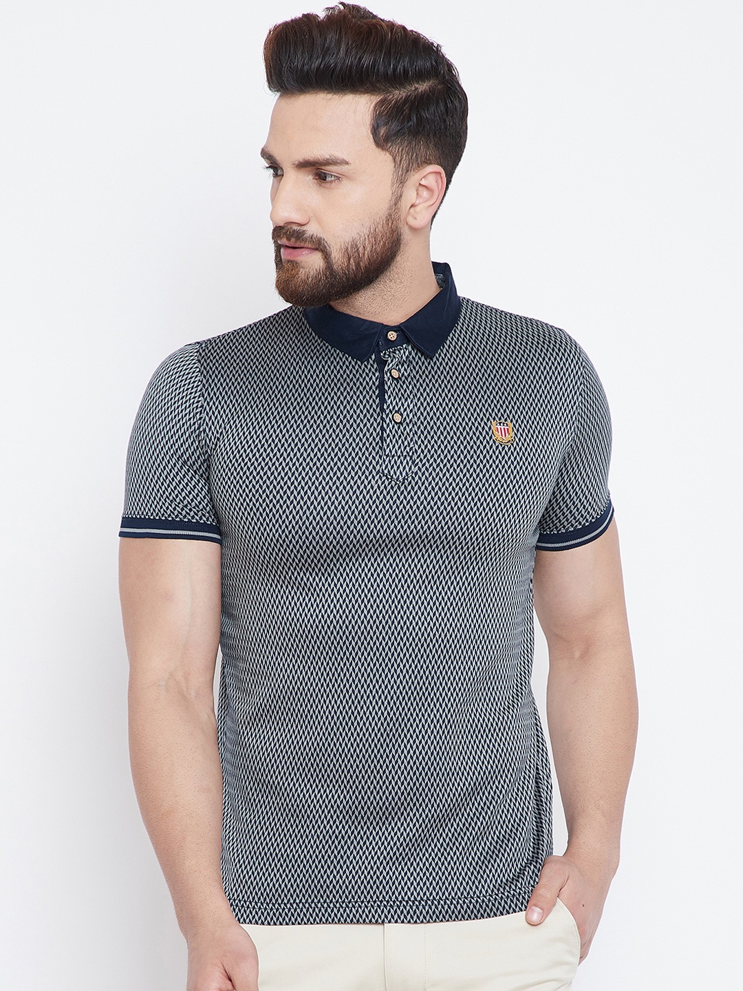 

Duke Men Navy Blue & Grey Printed Polo Collar T-shirt