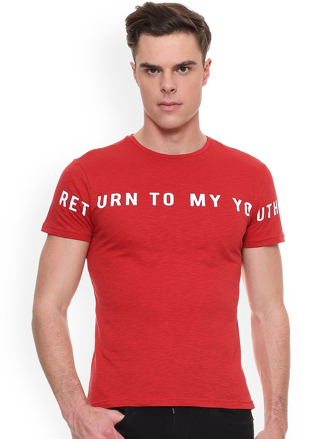 

People Men Red Printed Round Neck Pure Cotton T-shirt