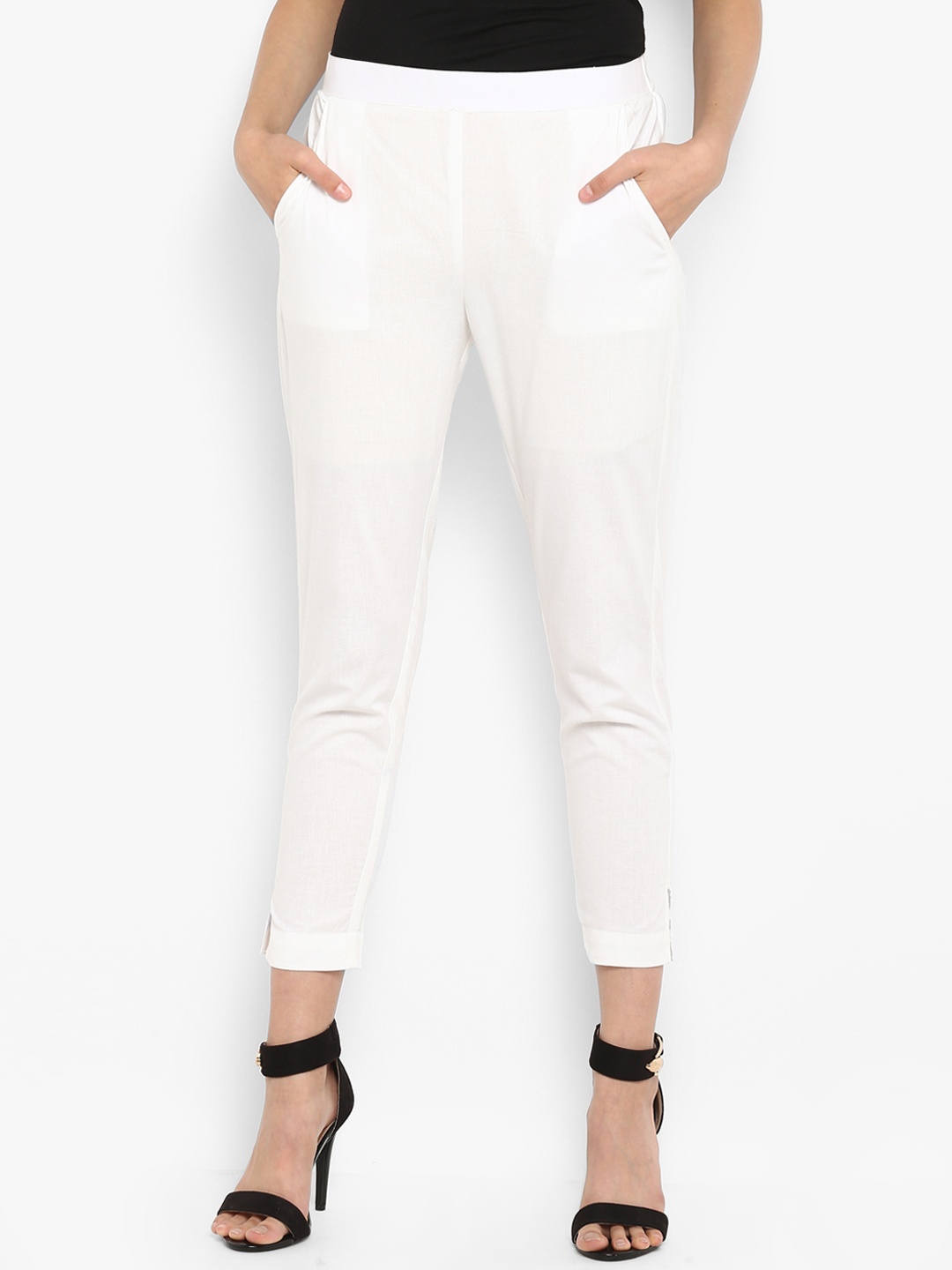 

Janasya Women White Regular Fit Solid Cropped Cigarette Trousers