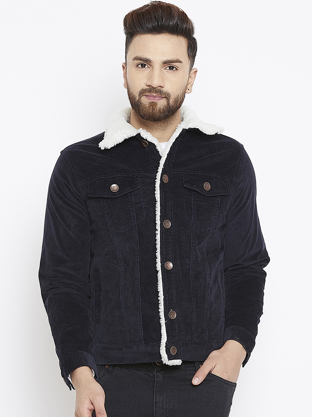 

FUGAZEE Men Navy Blue Solid Corduroy Tailored Jacket
