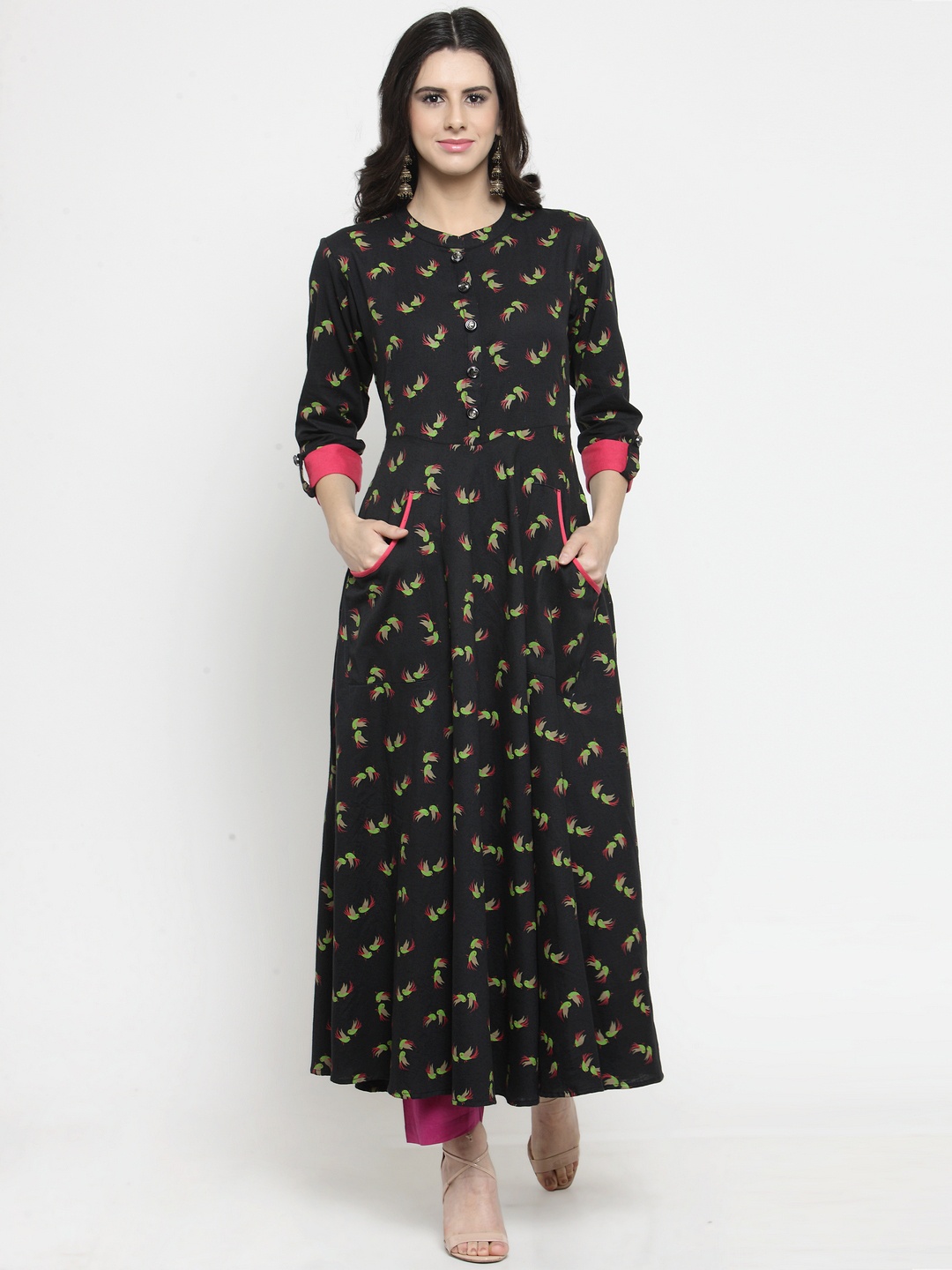 

Indibelle Cotton Black Birds Print Long Flared Kurta