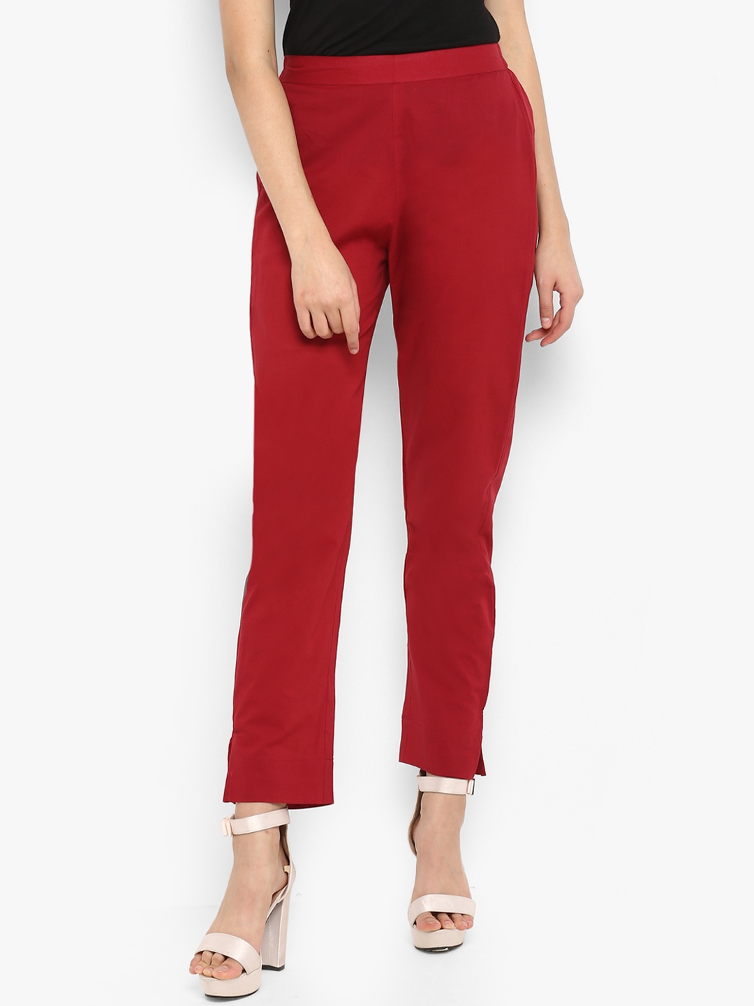 

Janasya Women Maroon Regular Fit Solid Cropped Cigarette Trousers