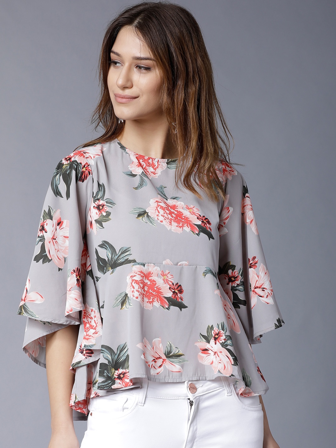 

Tokyo Talkies Women Grey Printed Peplum Top
