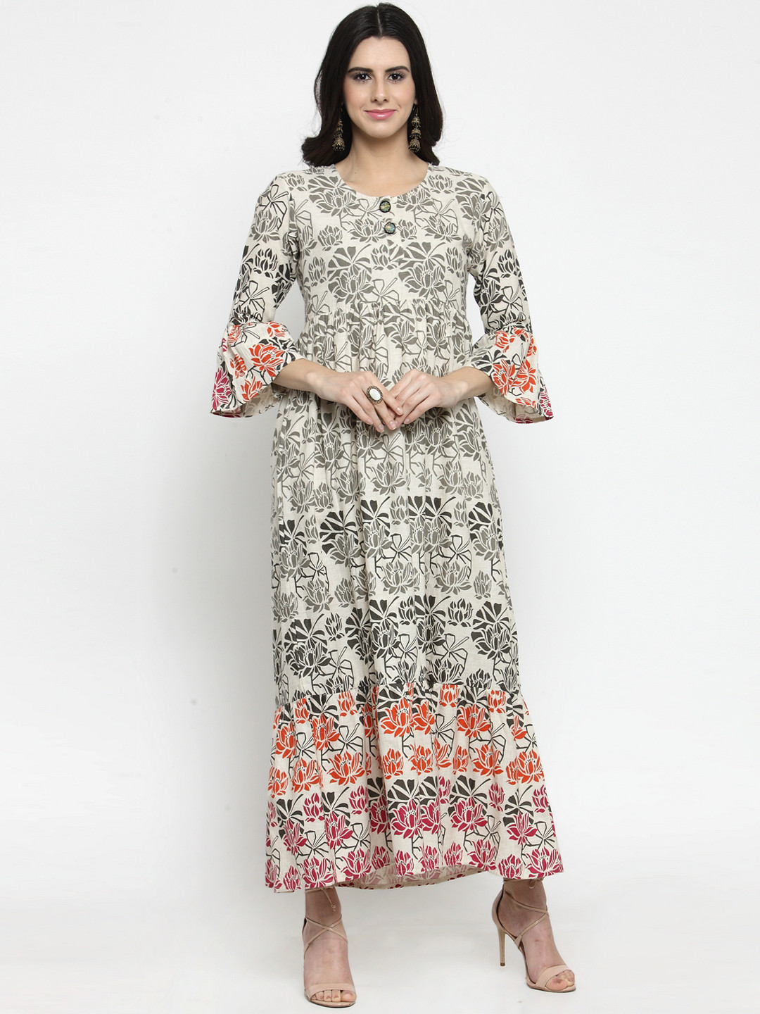 

Indibelle Women Off-White & Grey Printed A-Line Kurta
