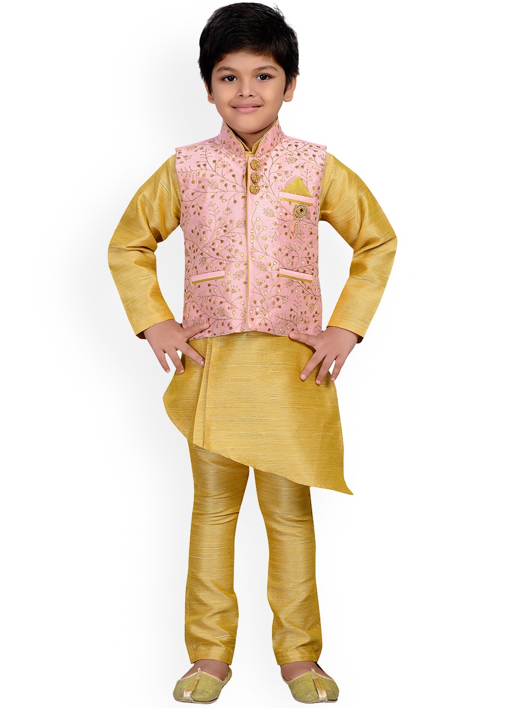 

AJ Dezines Kids Beige & Pink Kurta Pyjama Waistcoat Set for Boys