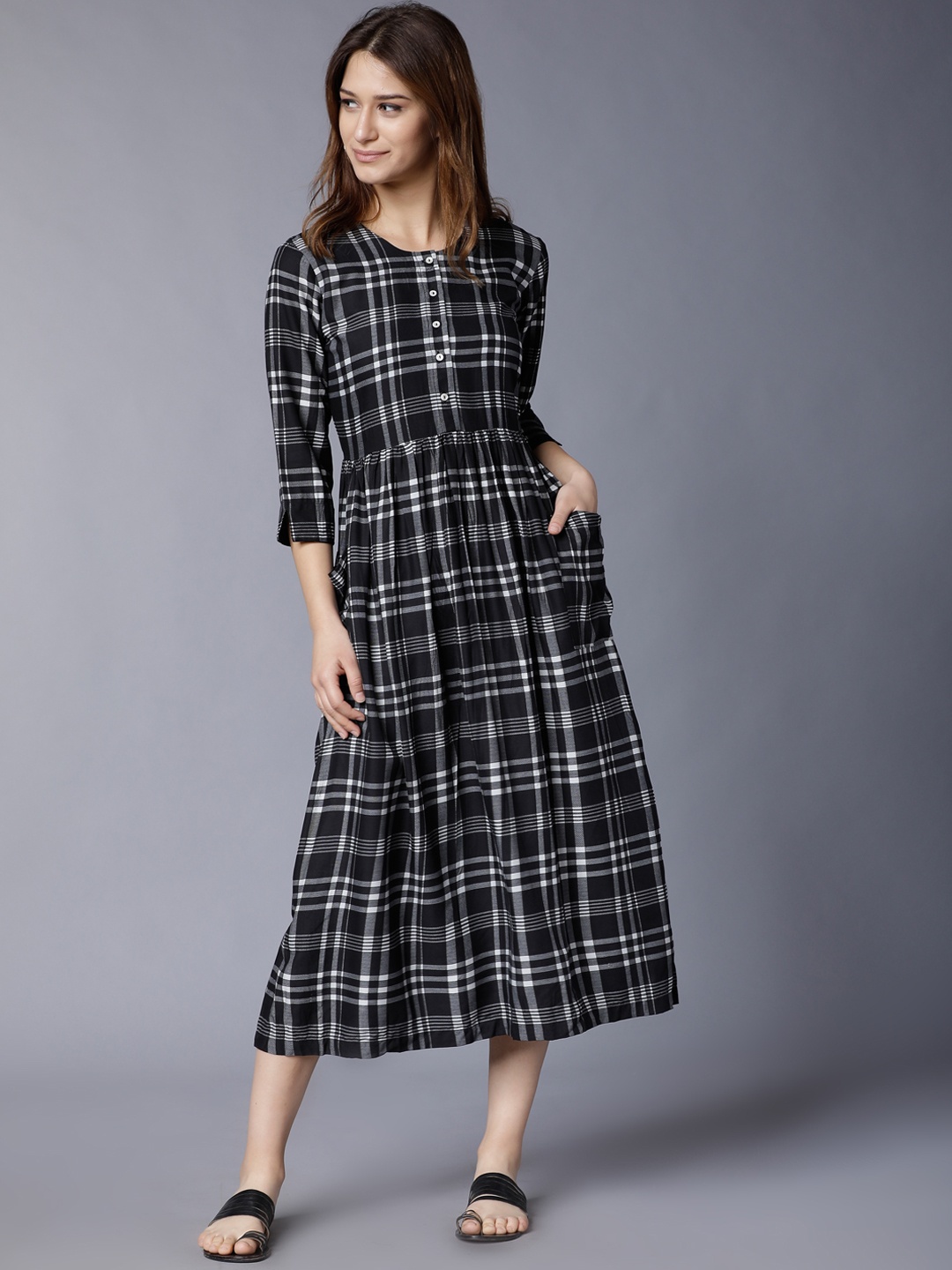 

Vishudh Women Black Checked Fit and Flare Dress