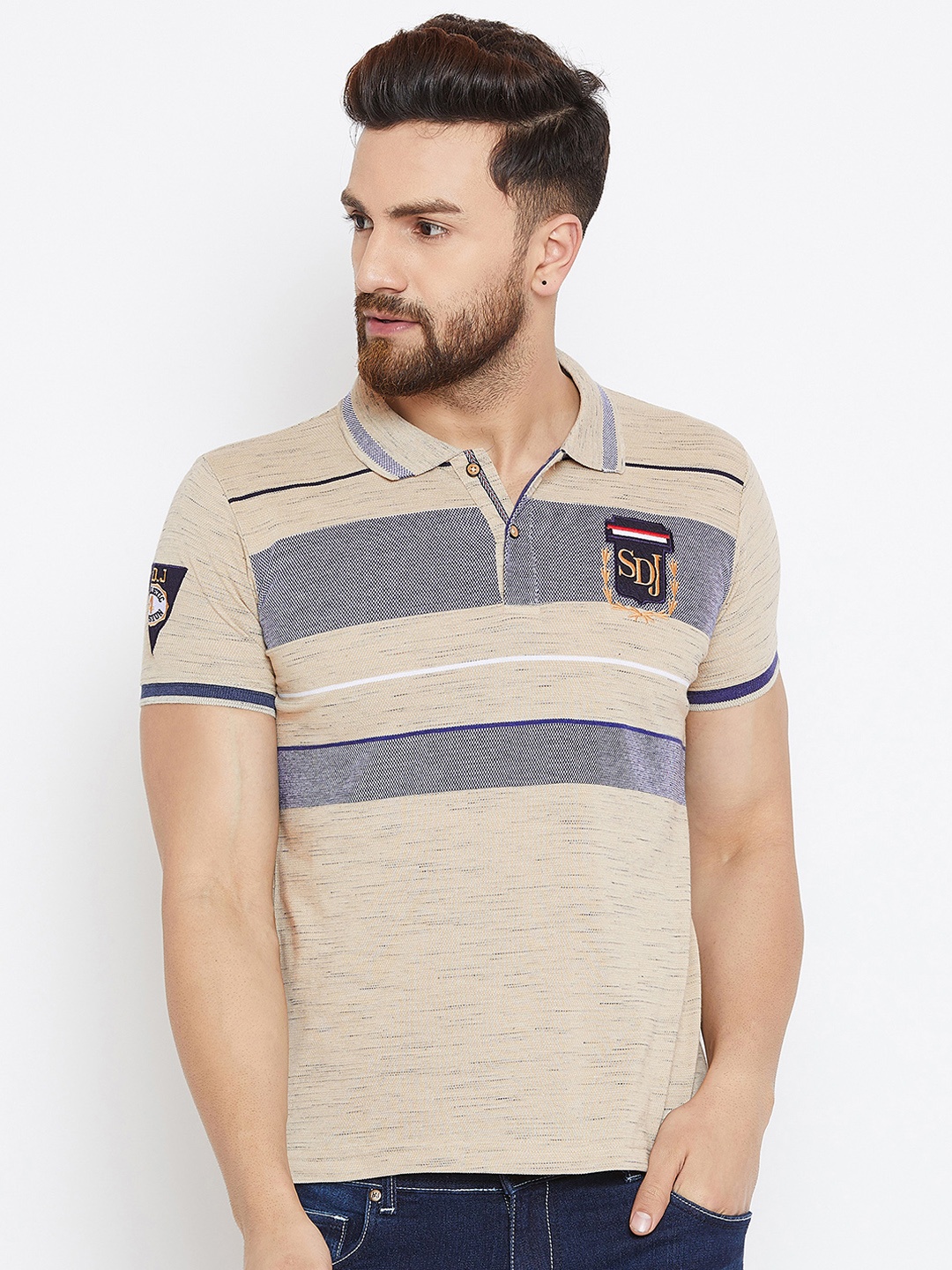 

Duke Men Beige Striped Polo Collar T-shirt