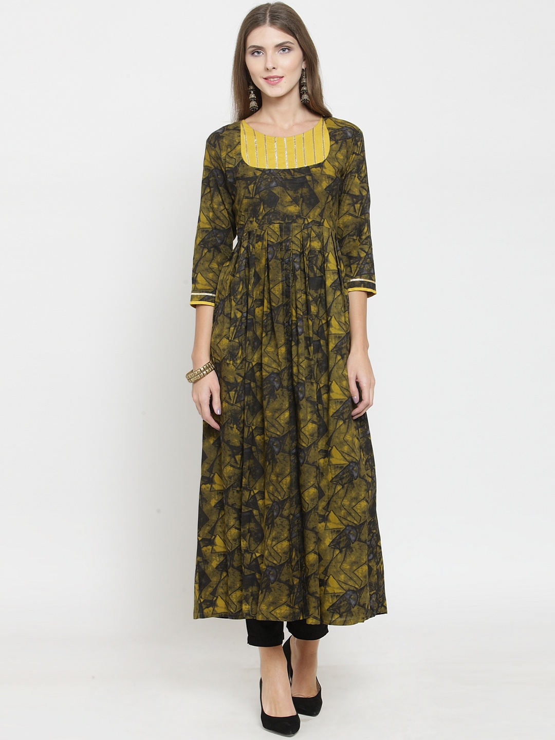 

Indibelle Women Olive Green & Black Yoke Design Anarkali Kurta