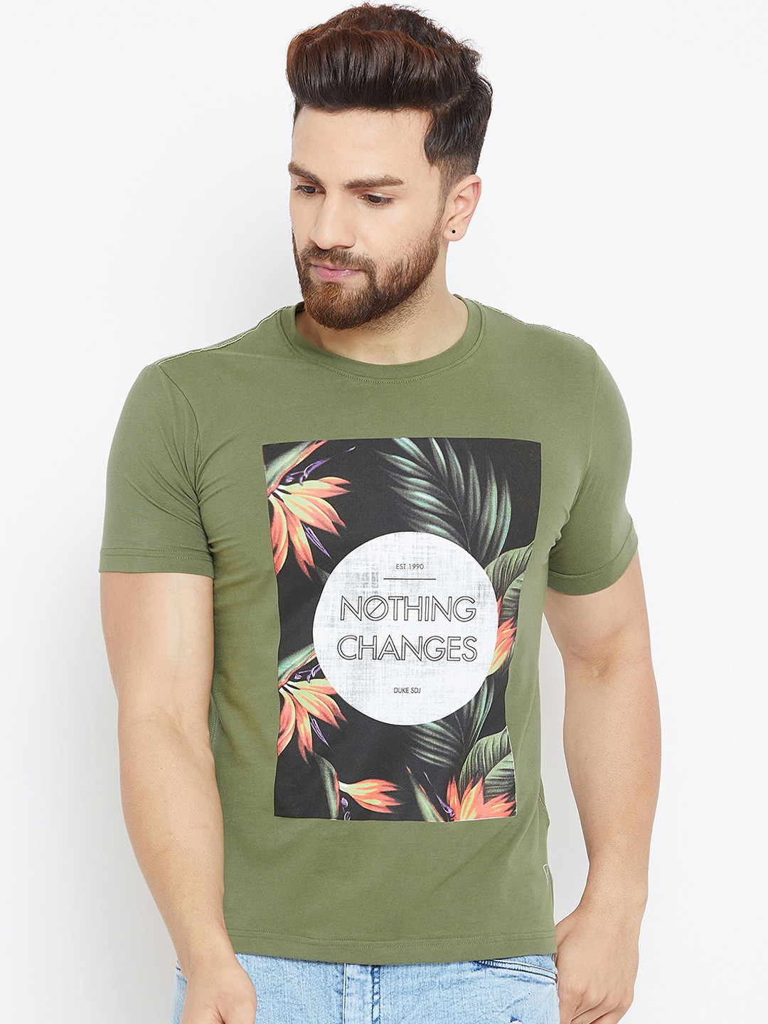 

Duke Men Green Printed Round Neck T-shirt