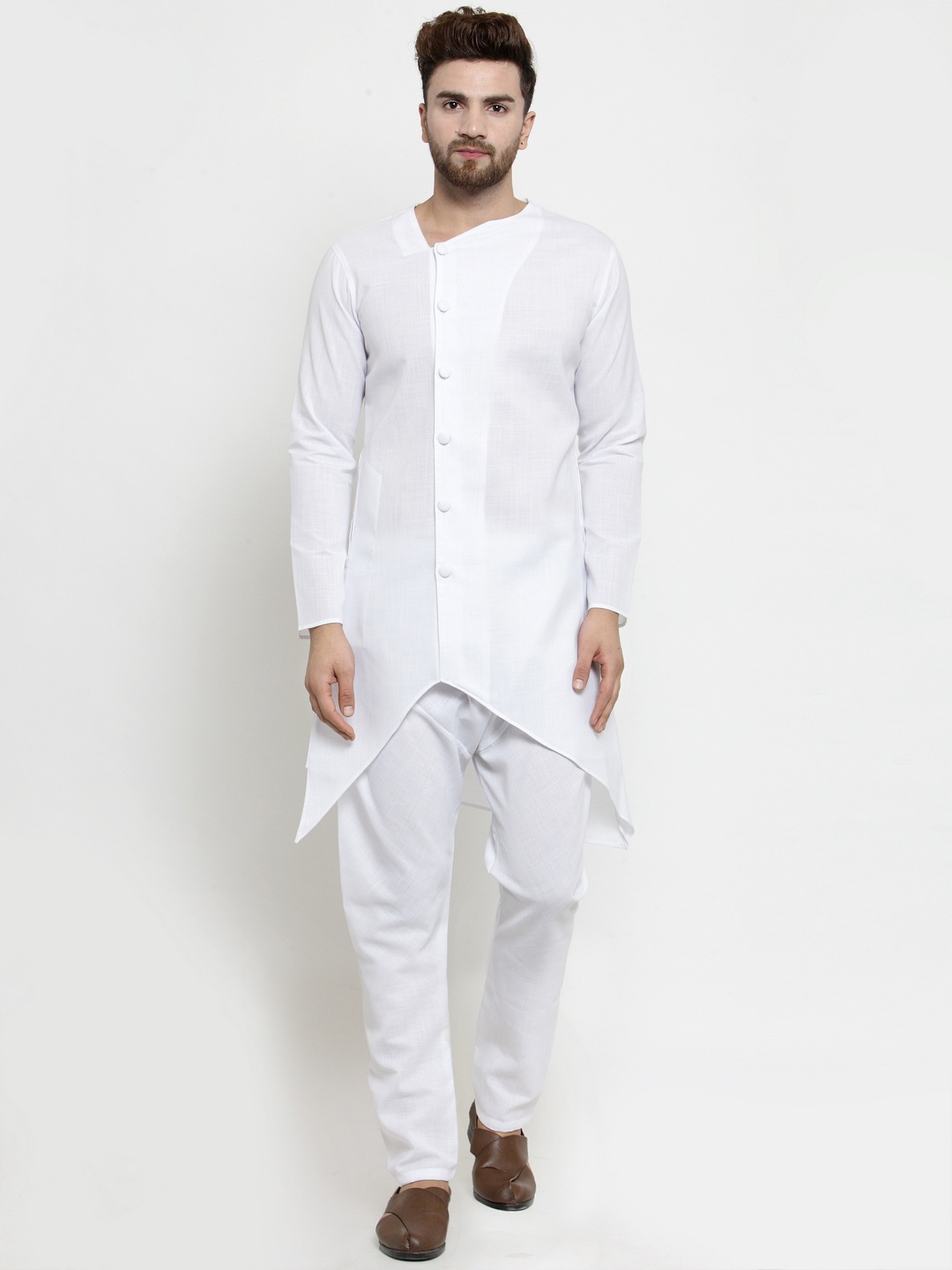 

TREEMODA Men White Solid Linen Straight Kurta