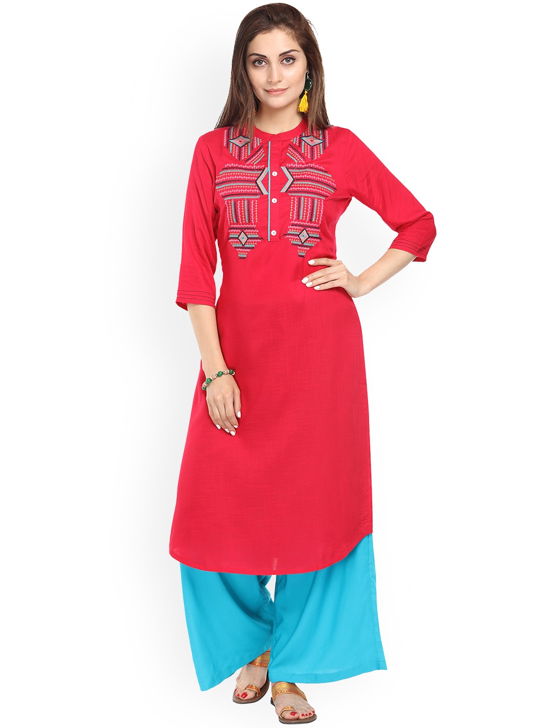 

Alena Women Coral Pink Yoke Design Straight Kurta