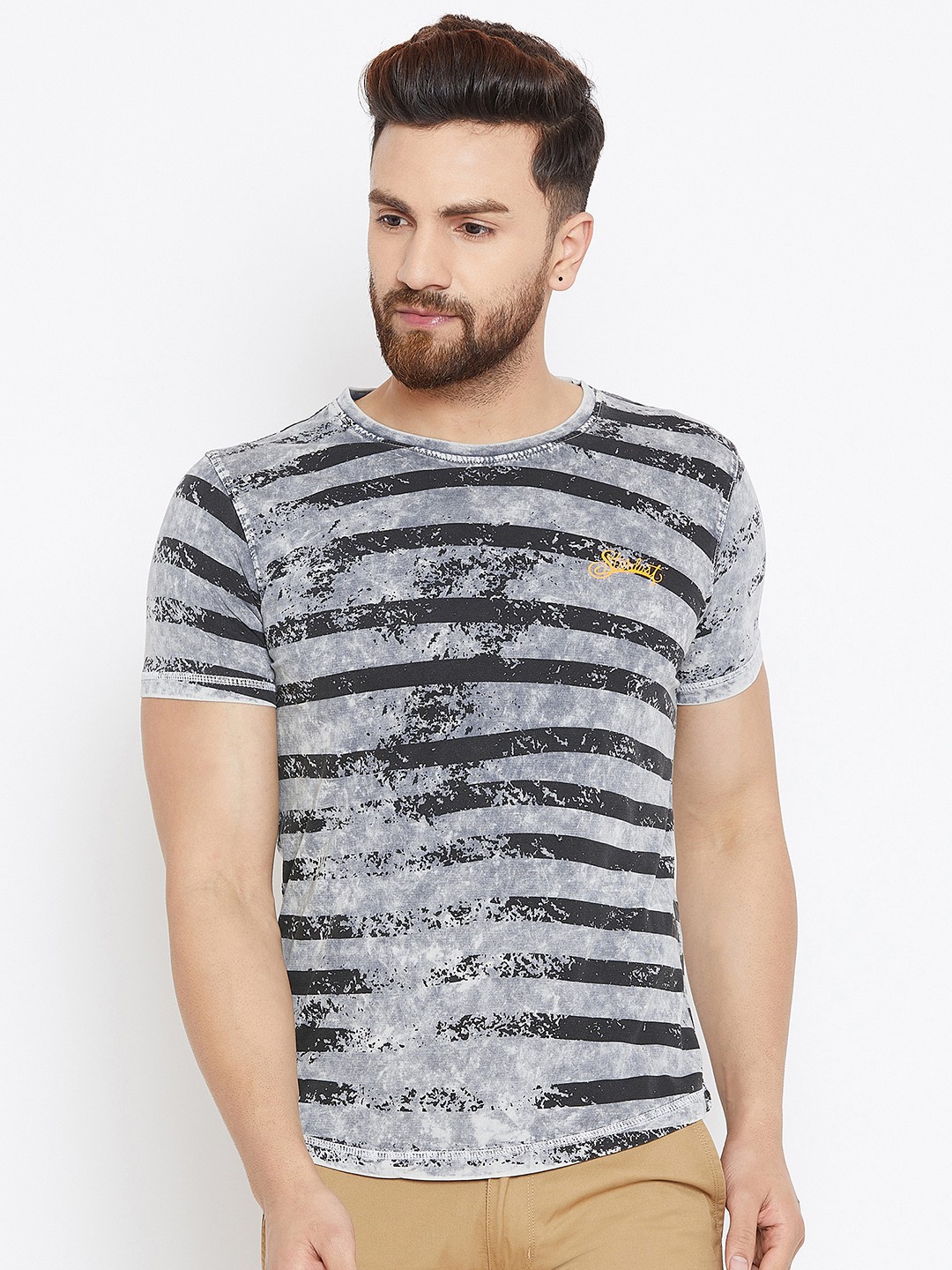 

Duke Men Grey Striped Round Neck T-shirt