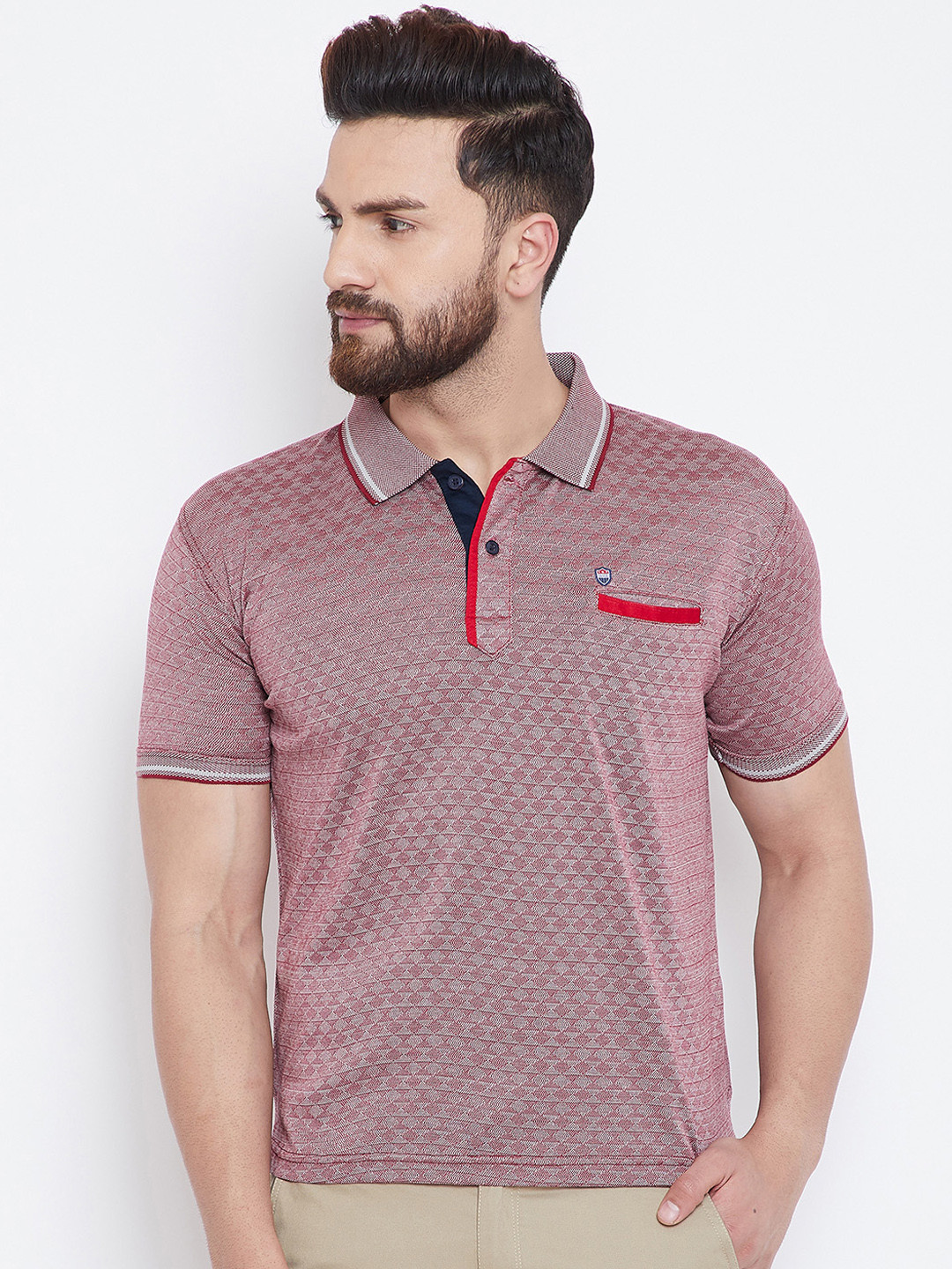 

Duke Men Red Self Design Polo Collar T-shirt