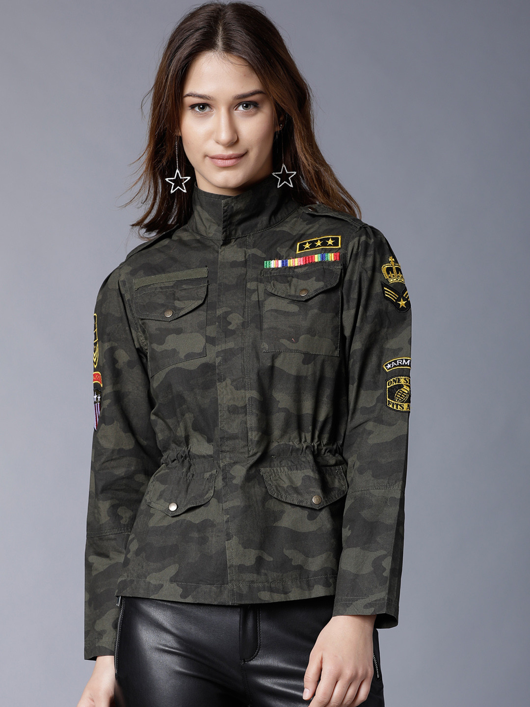 

Tokyo Talkies Women Olive Green Printed Tailored Jacket