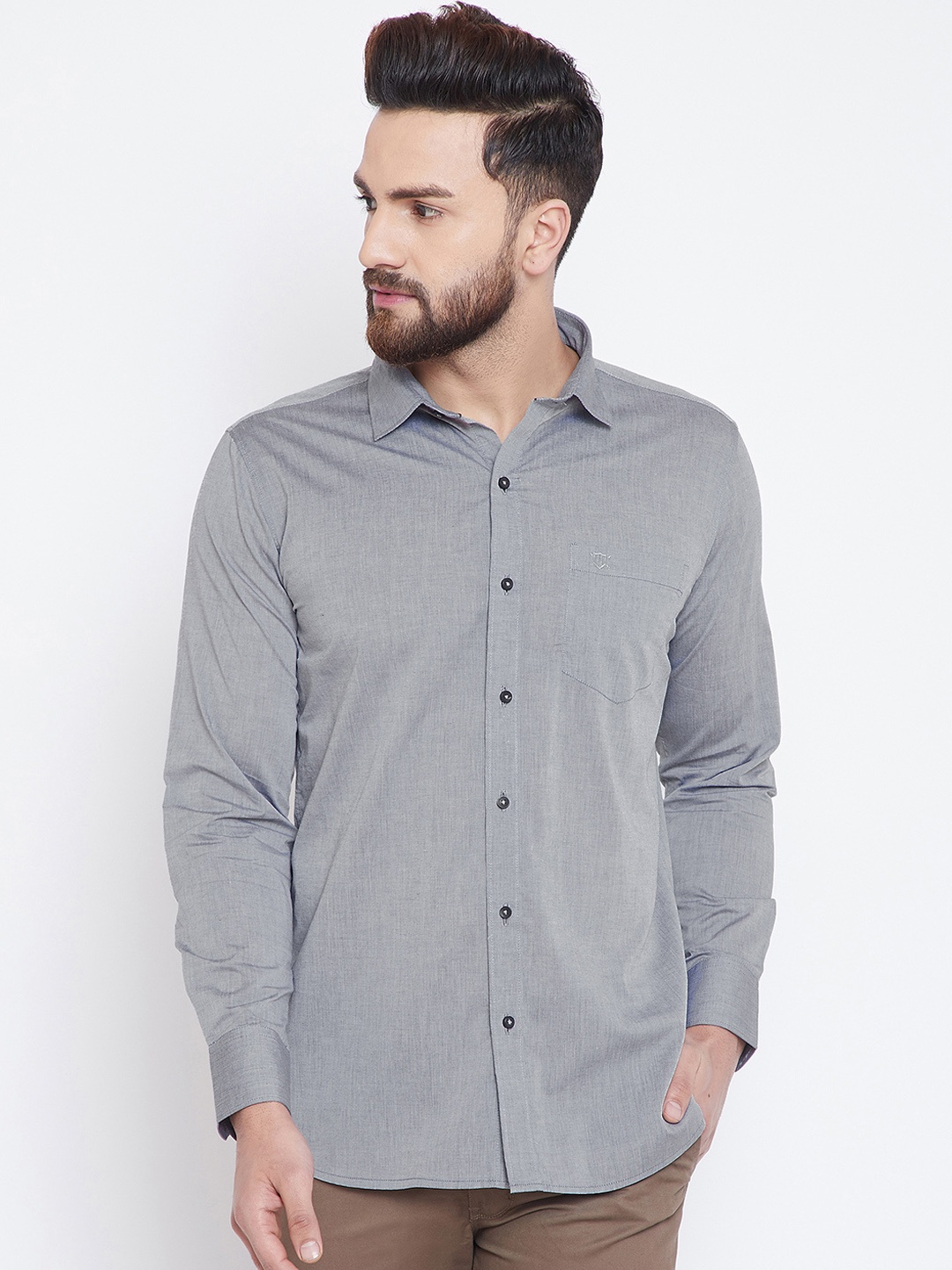 Duke Men Grey Regular Fit Solid Casual Shirt