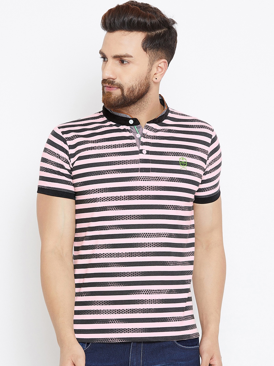 

Duke Men Pink & Navy Blue Striped Mandarin Collar T-shirt