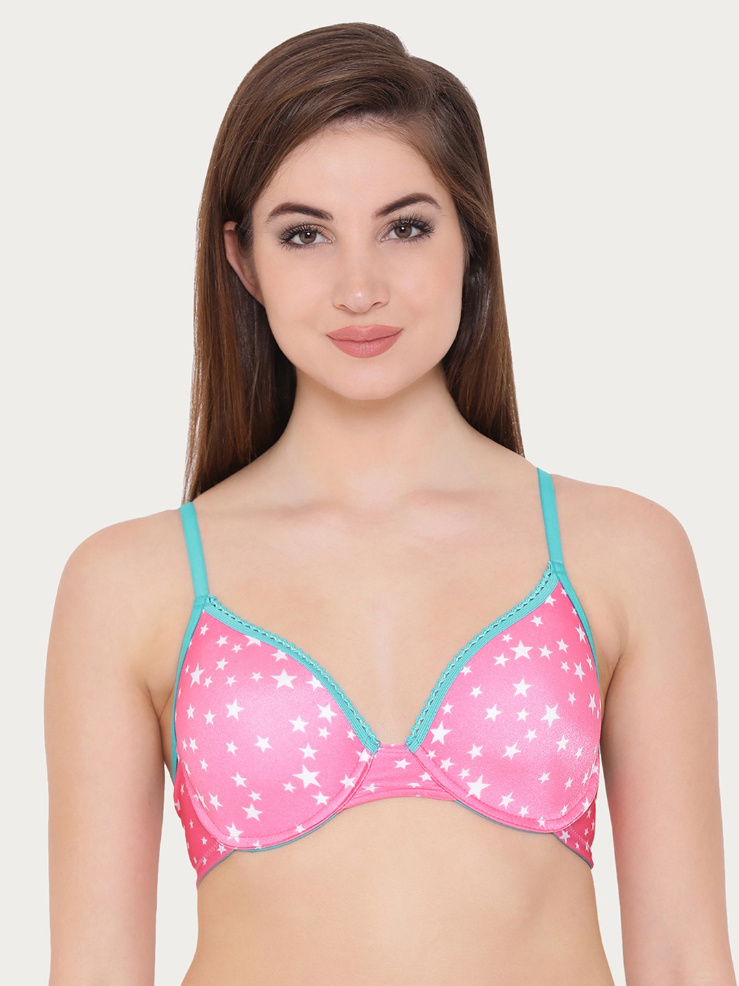 

Clovia Padded Underwired Printed Demi Cup T-Shirt Bra, Pink