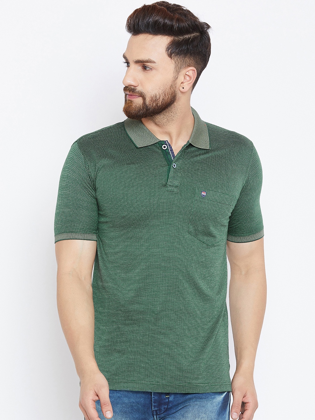 Duke Men Green Self Design Polo Collar T-shirt