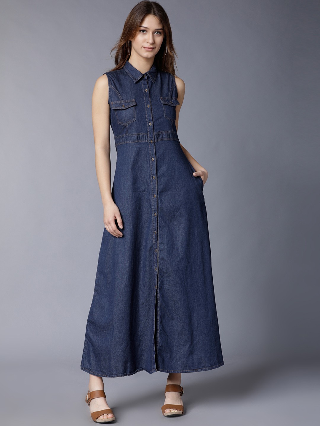 

Tokyo Talkies Women Navy Blue Solid Denim Maxi Dress