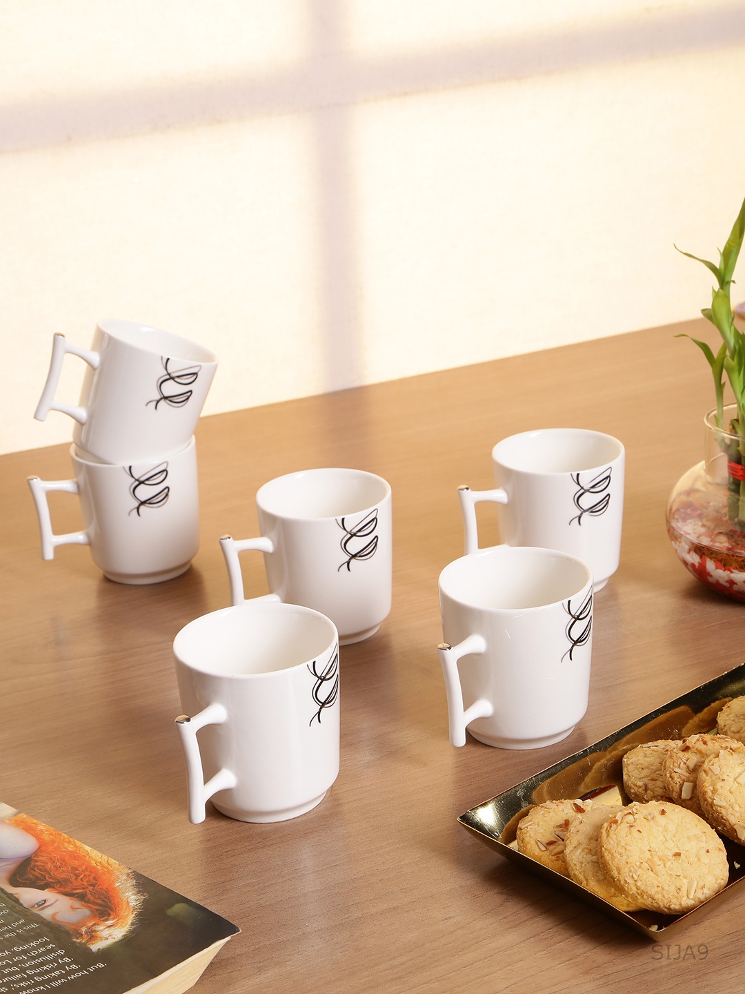 GOODHOMES White Set of 6 Printed Porcelain Coffee Mugs