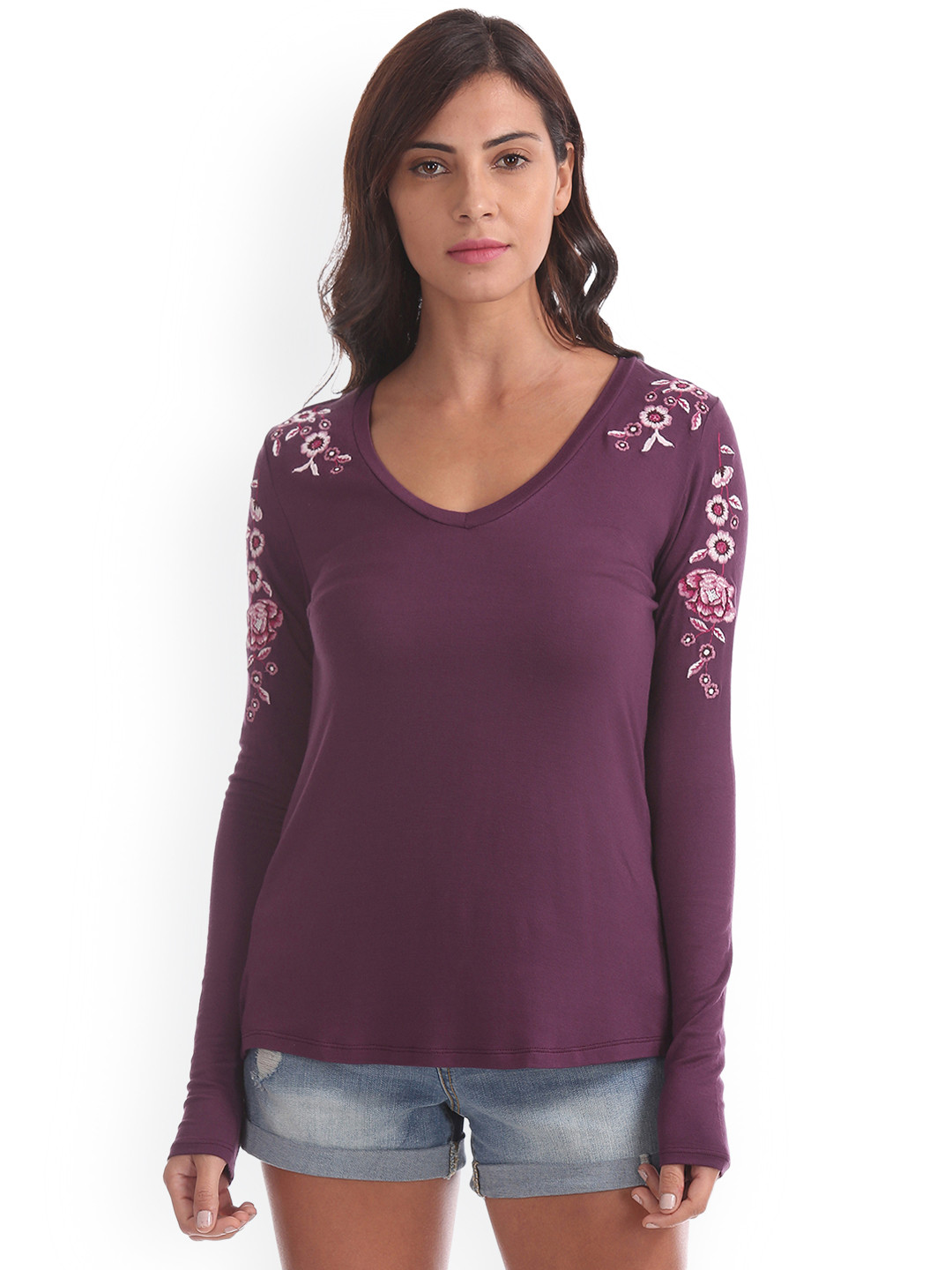 

Aeropostale Women Purple Embroidered V-Neck T-shirt