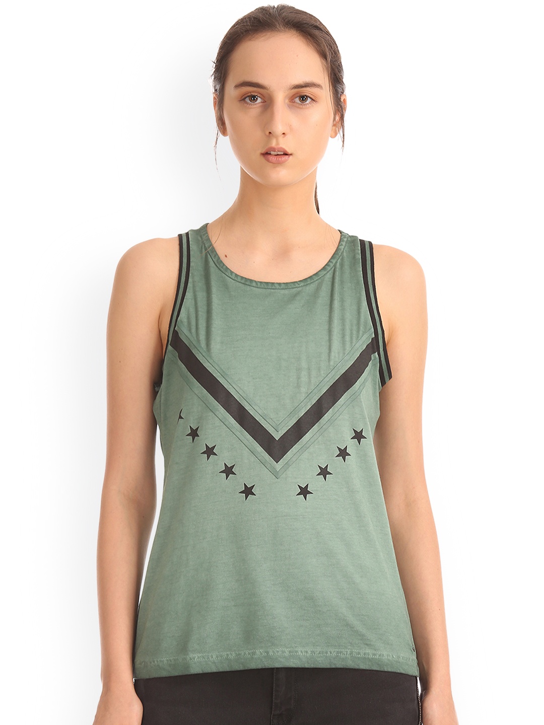 

Ed Hardy Women Green Printed Round Neck Sleeveless Pure Cotton T-shirt