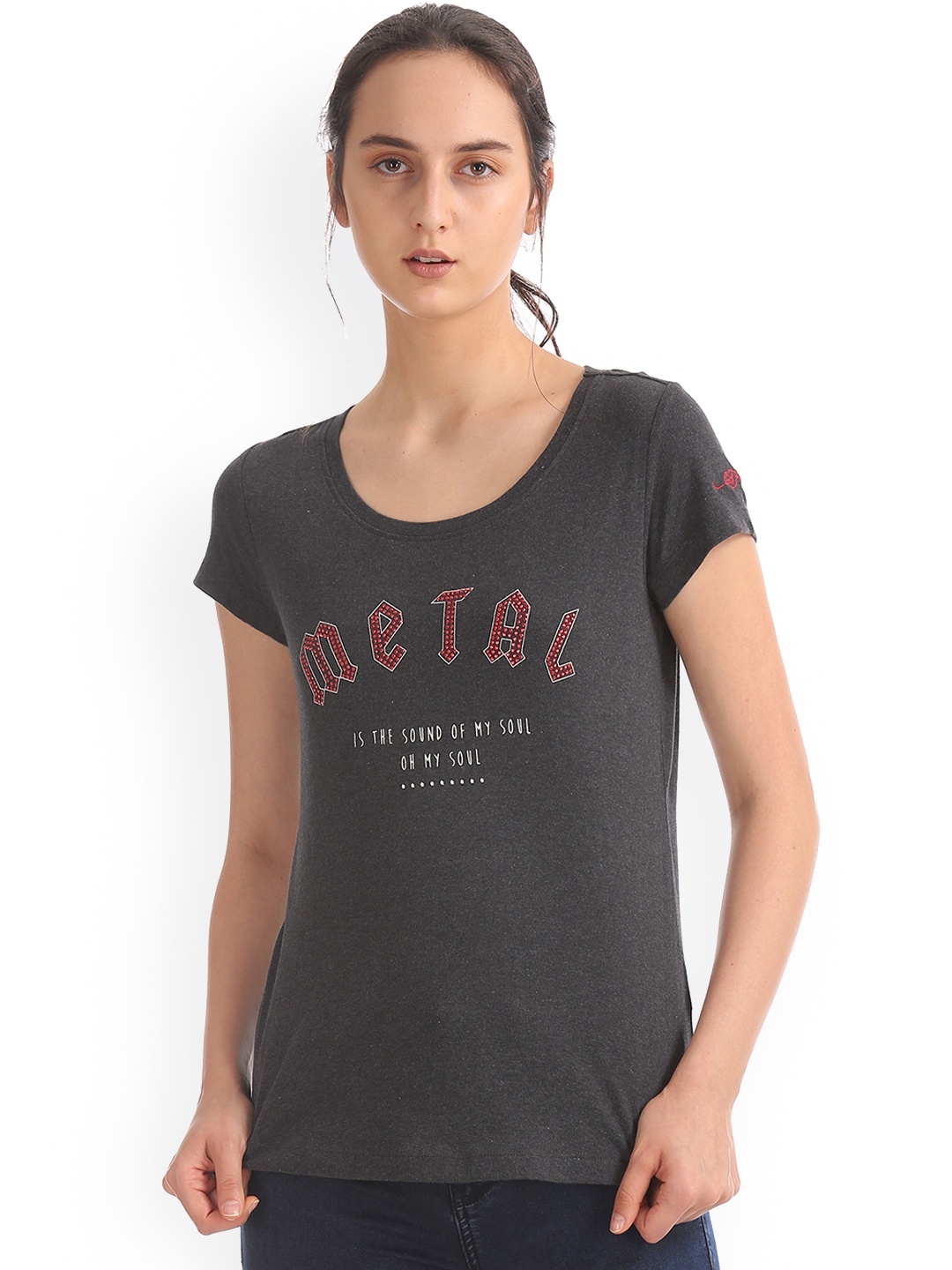 

Ed Hardy Women Charcoal Grey Printed Round Neck Pure Cotton T-shirt
