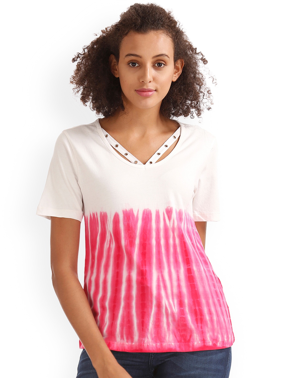 

Flying Machine Women White Pink Dyed Round Neck Pure Cotton T-shirt