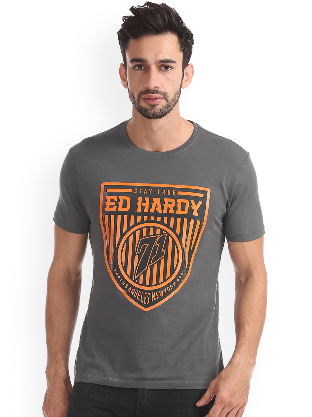 

Ed Hardy Men Grey Printed Round Neck Pure Cotton T-shirt