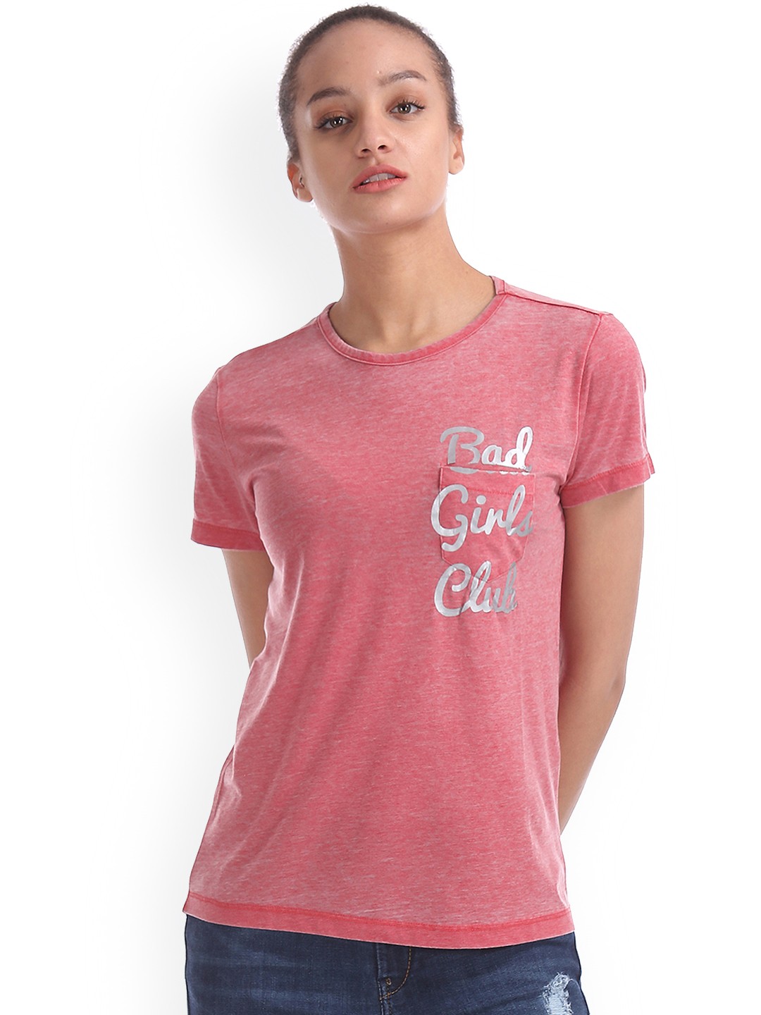 

Flying Machine Women Red Printed Round Neck T-shirt