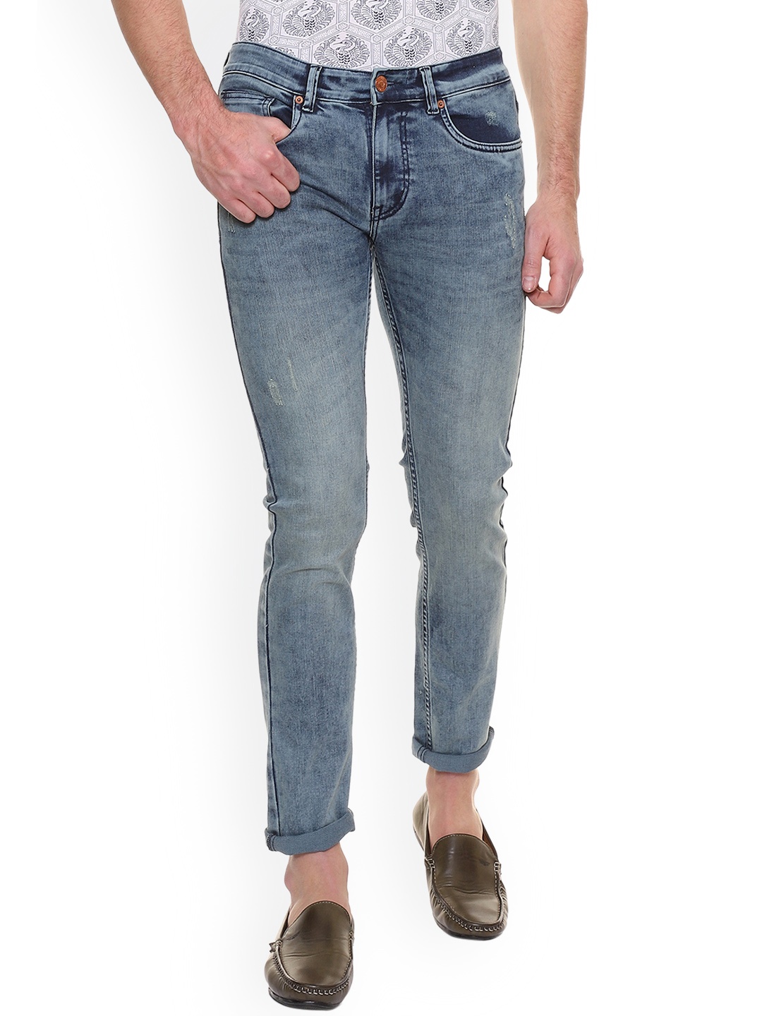

People Men Blue Skinny Fit Mid-Rise Low Distress Stretchable Jeans