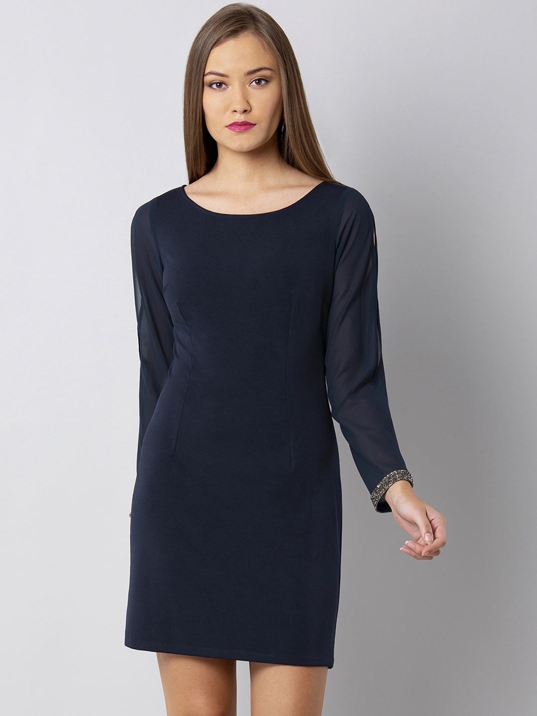 

FabAlley Women Navy Blue Solid Sheath Dress