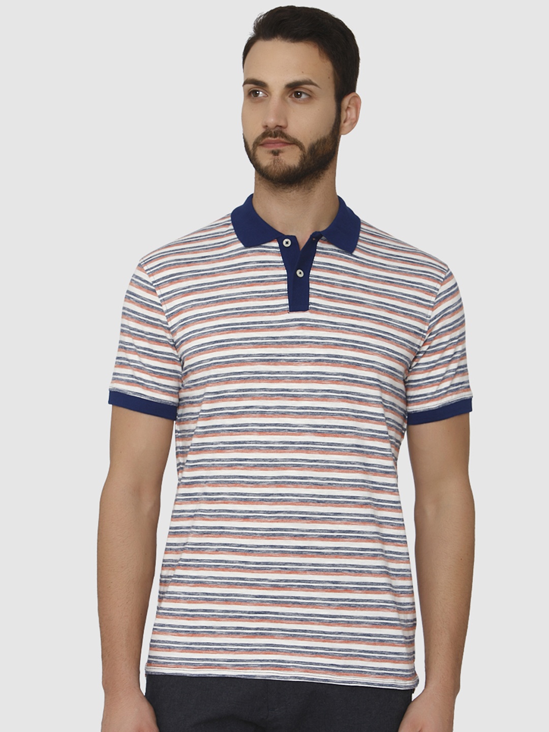

SELECTED Men White Striped Polo Collar T-shirt