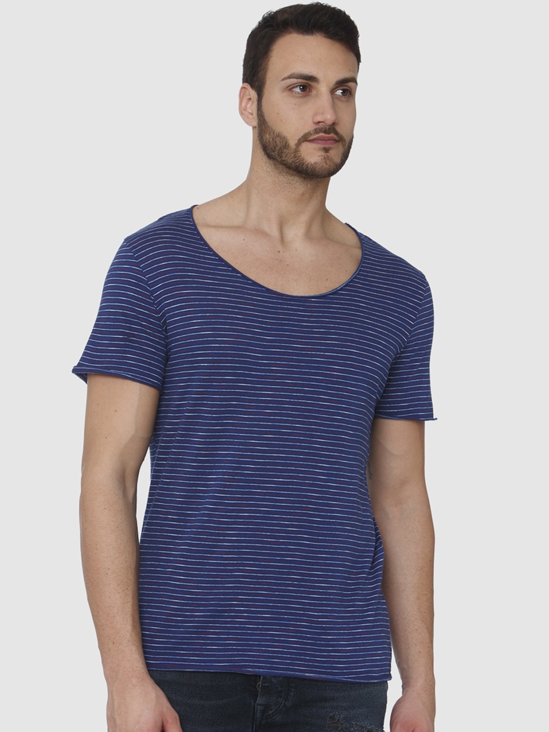 

SELECTED Men Blue Striped Scoop Neck T-shirt