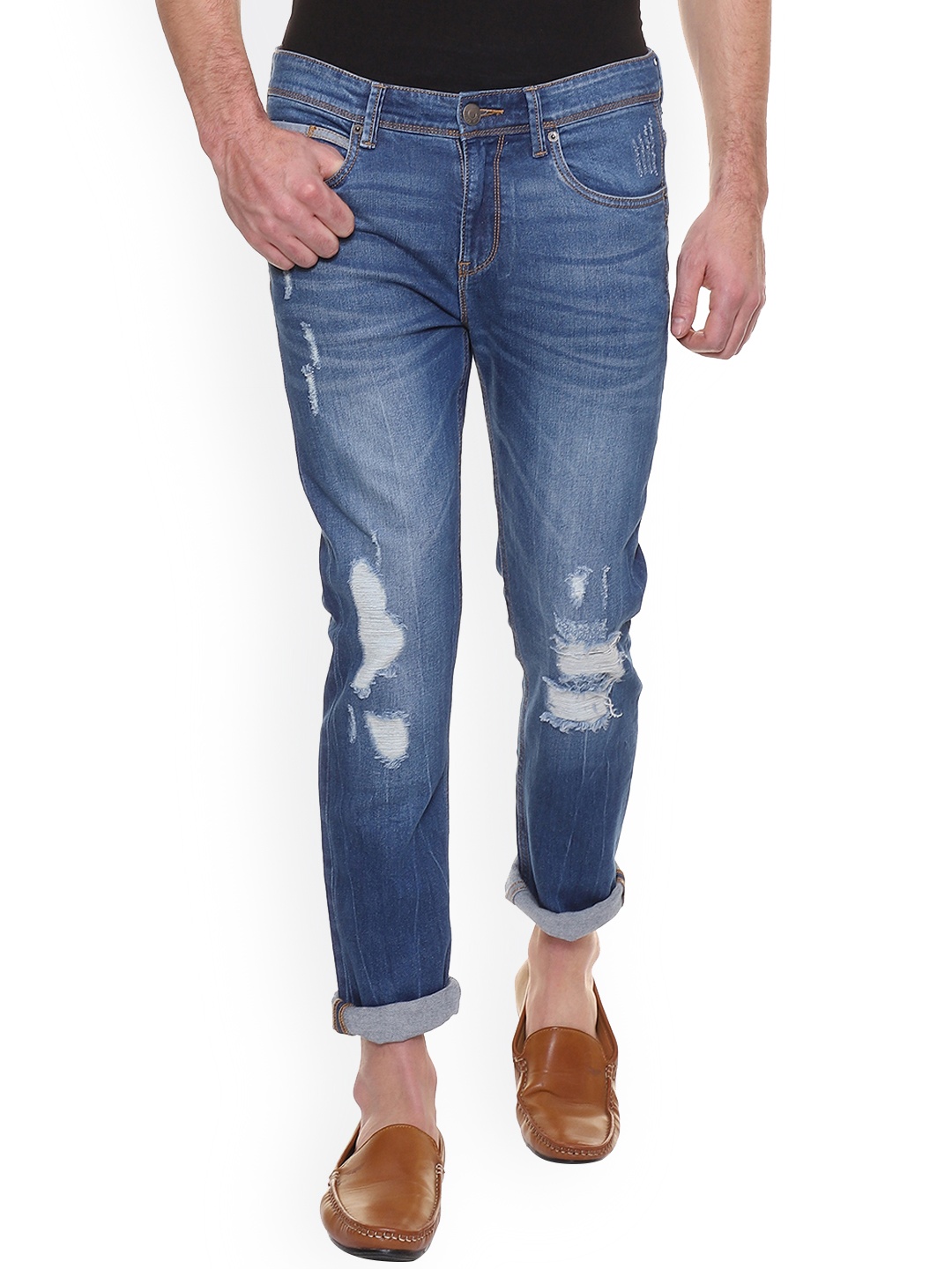 

People Men Blue Slim Fit Mid-Rise Highly Distressed Jeans