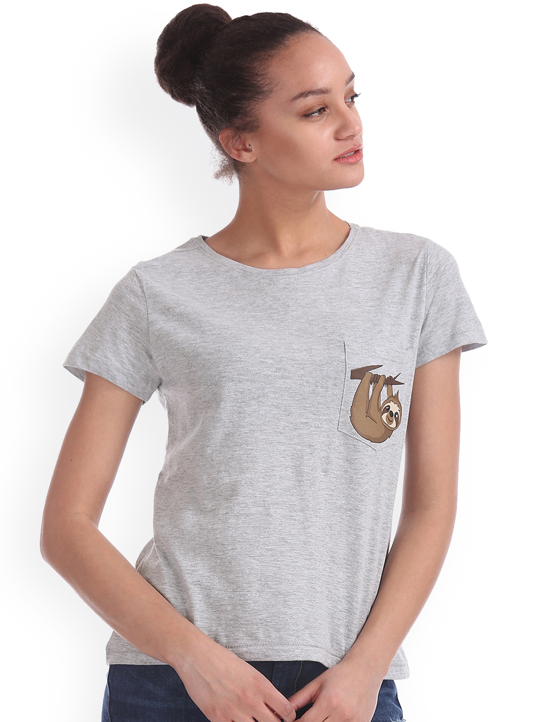 

Flying Machine Women Grey Printed Round Neck T-shirt
