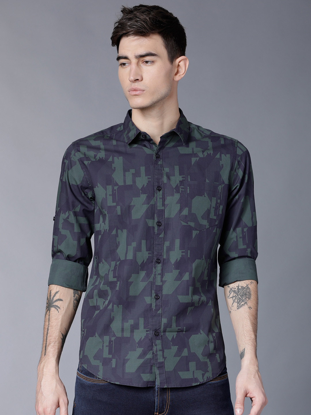 

HIGHLANDER Men Navy Blue & Olive Green Slim Fit Printed Casual Shirt
