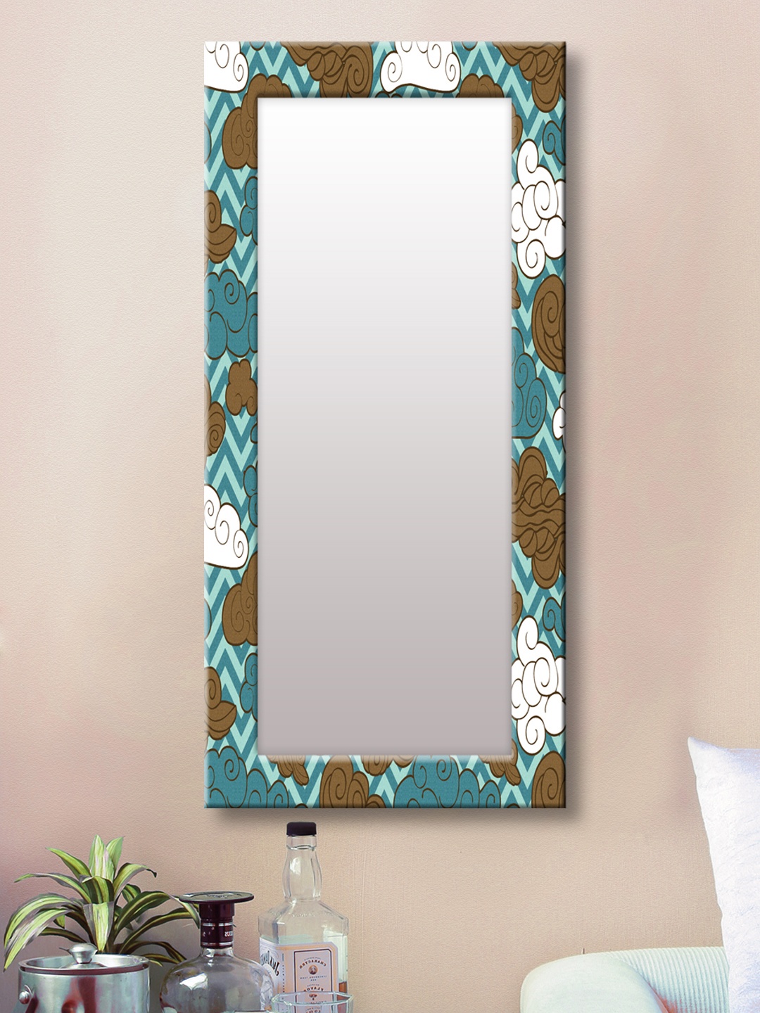 

999Store Brown & Blue Printed Framed Wall Mirror