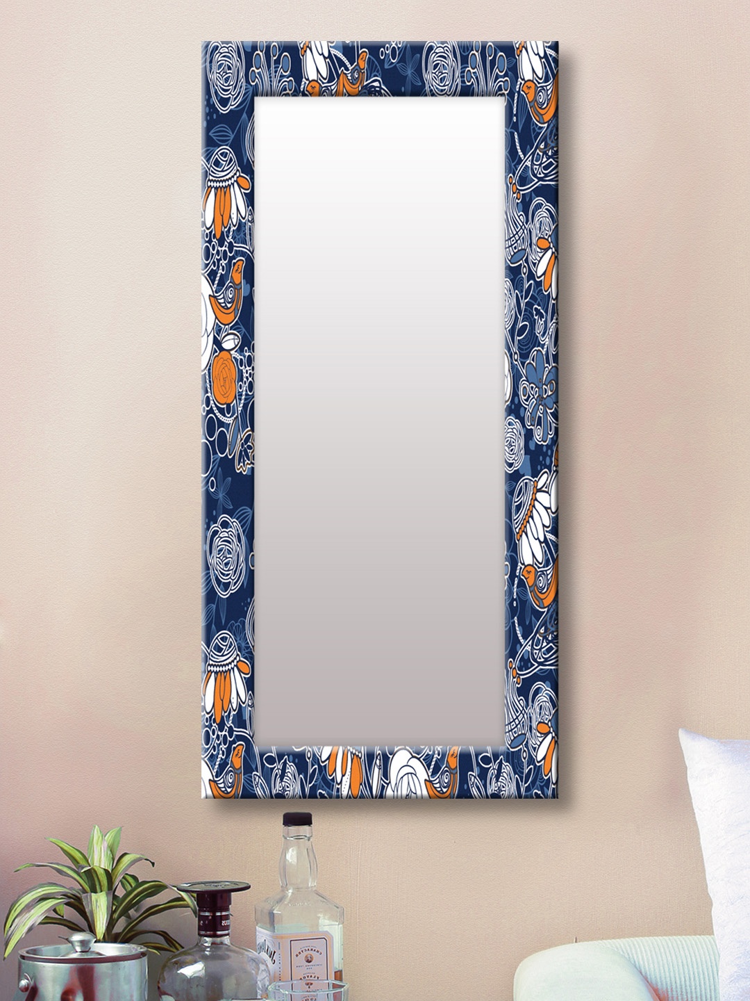 

999Store Blue Printed Framed Wall Mirror