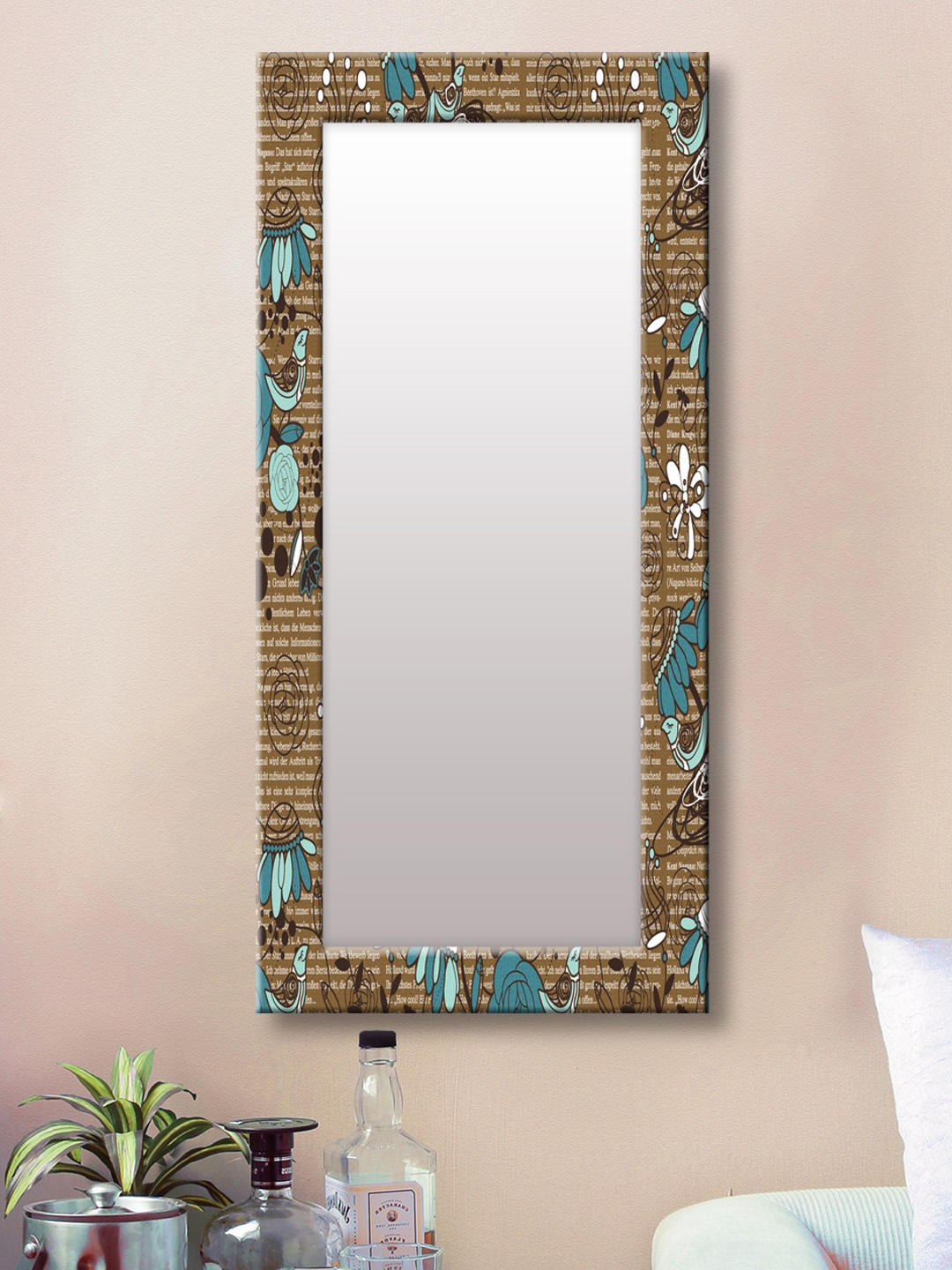 

999Store Brown & Blue Printed Framed Wall Mirror