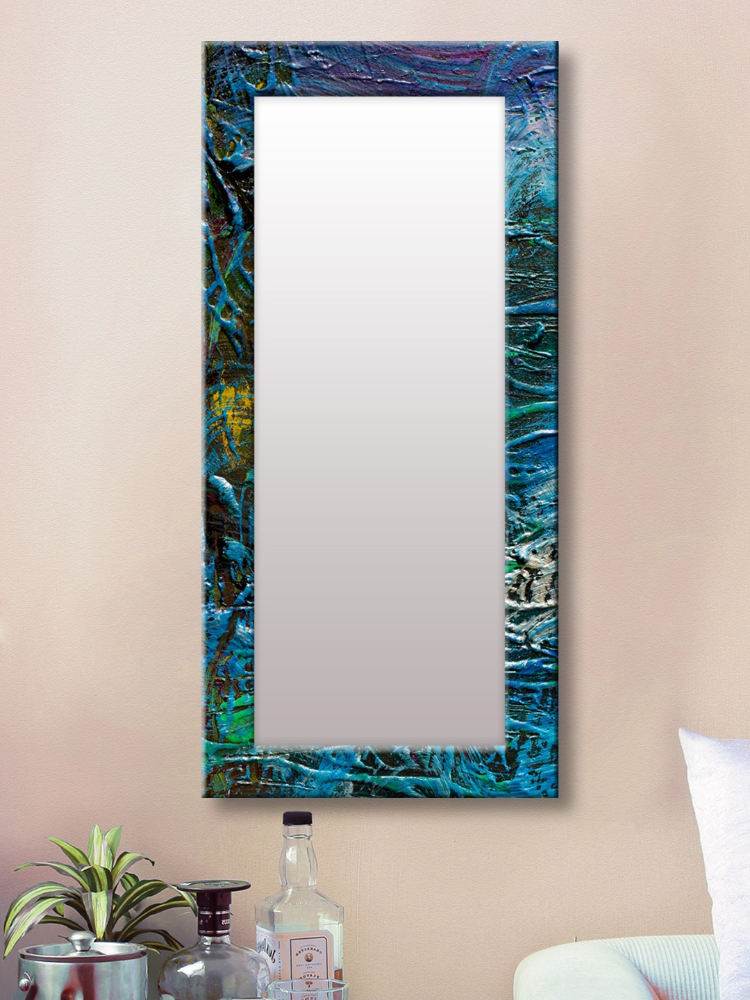 

999Store Blue Printed Framed Wall Mirror