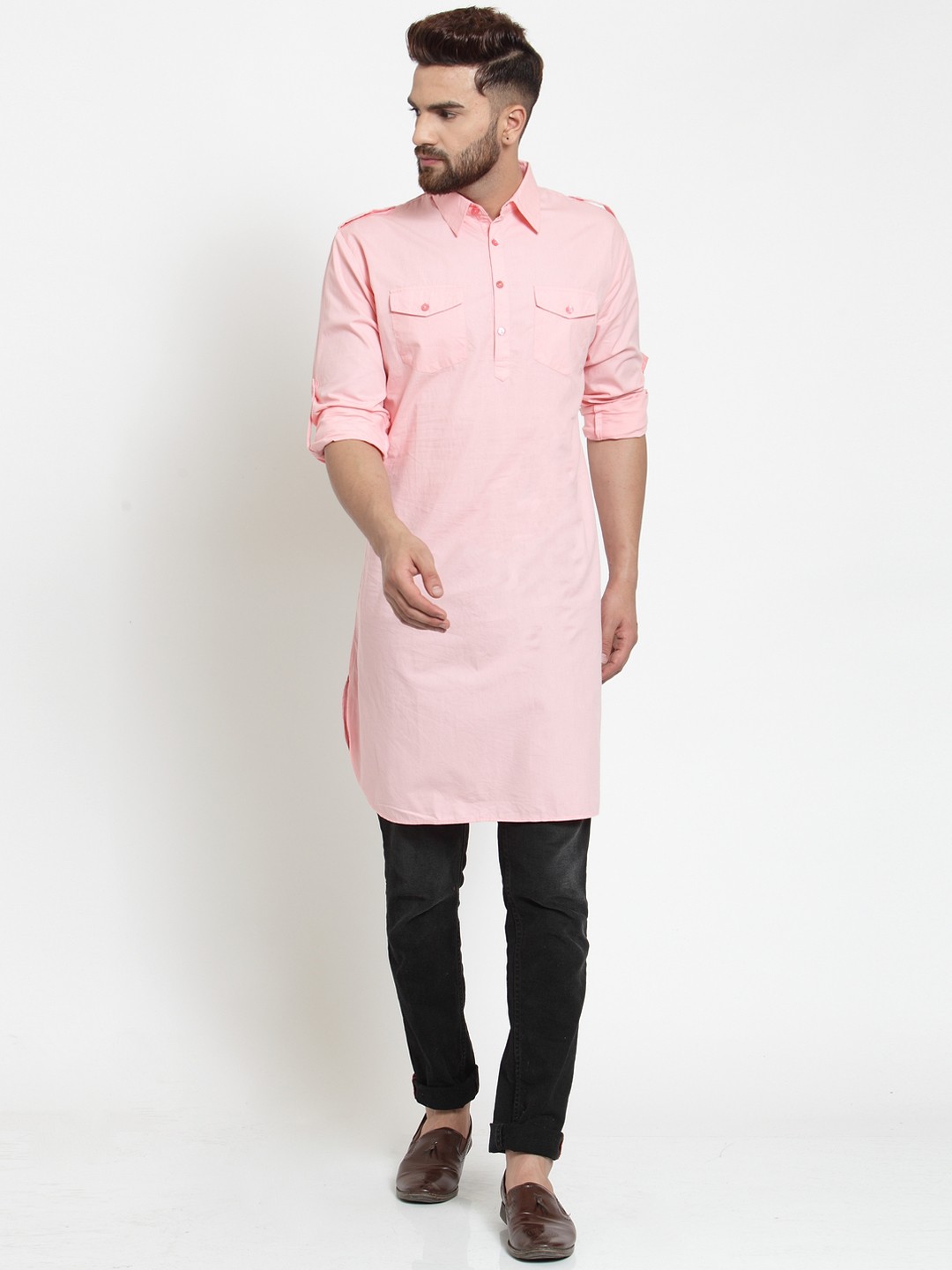 

Purple State Men Pink Solid Pathani Kurta