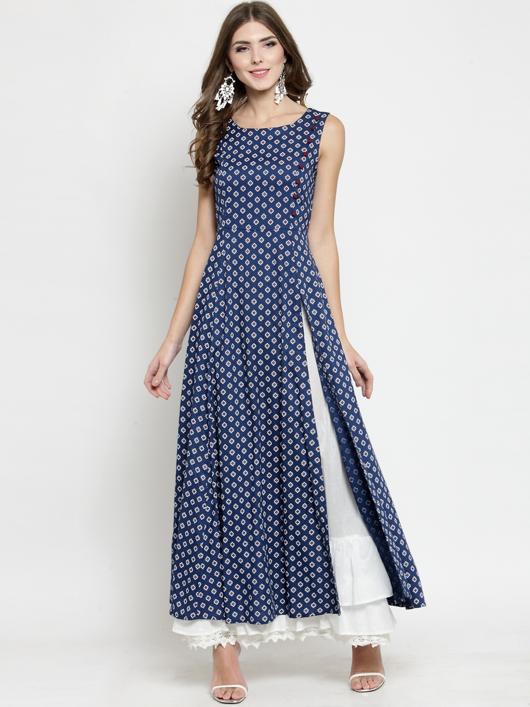 Sera Women Navy Blue & White Printed Kurta with Skirt