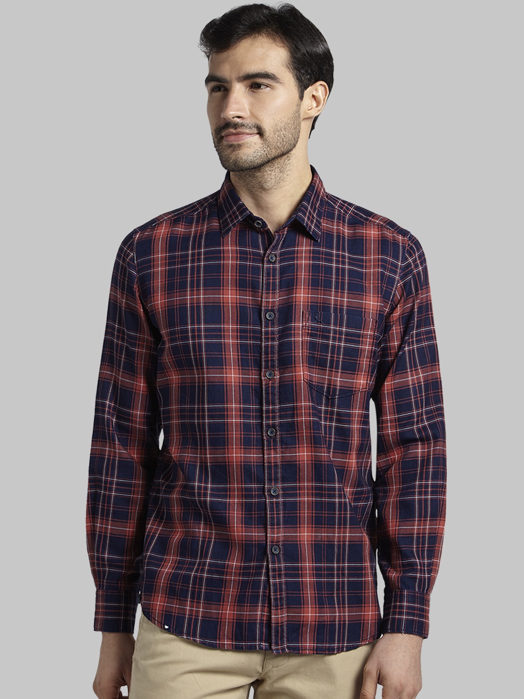 Parx Men Rust & Navy Blue Slim Fit Checked Casual Shirt